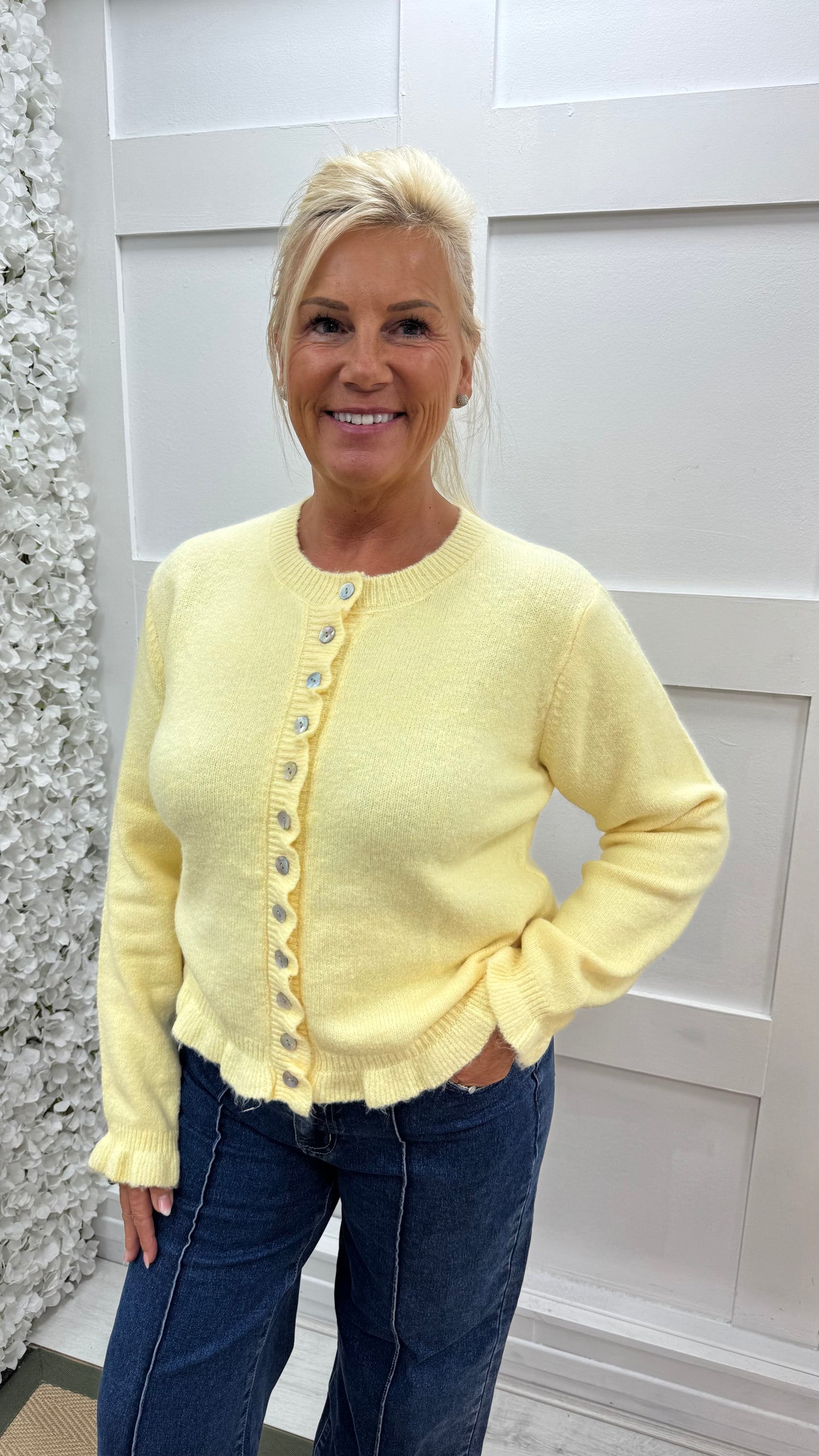 Lucille: Lemon ruffle cardigan. 2 sizes