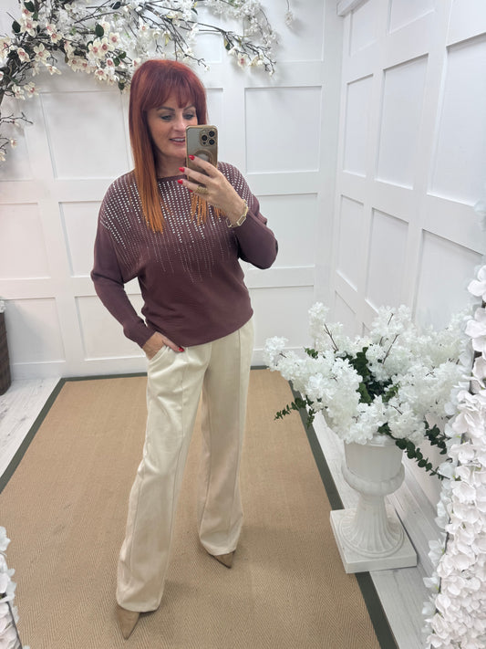 Arabella: Brown diamanté long sleeve top. One size: 12-16