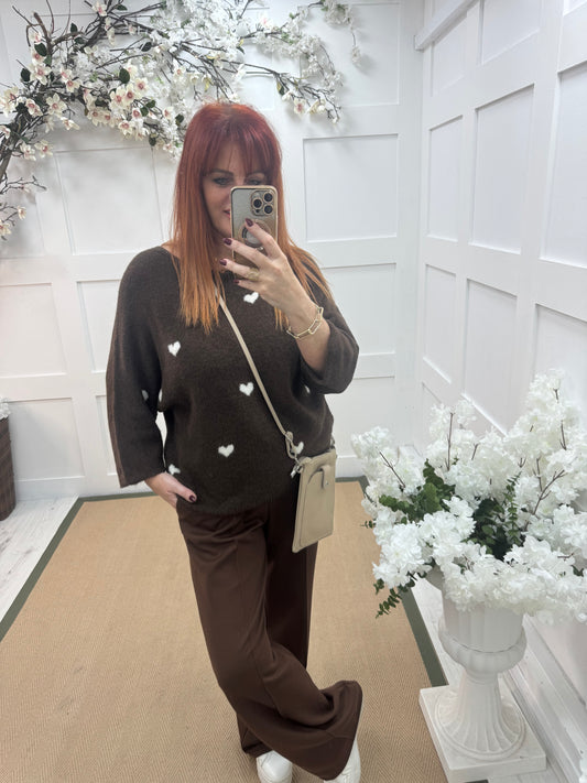 Eleanor: Brown and cream heart wool top. One size: 12-18