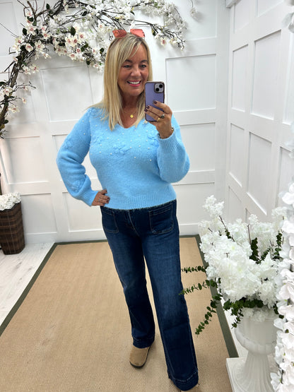 Selina: Blue batwing knitted top. One size: 12-18/20