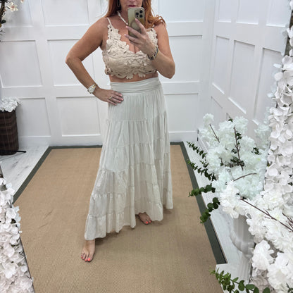 Pearl: Cream cotton tiered maxi skirt dress. One size: 10-16