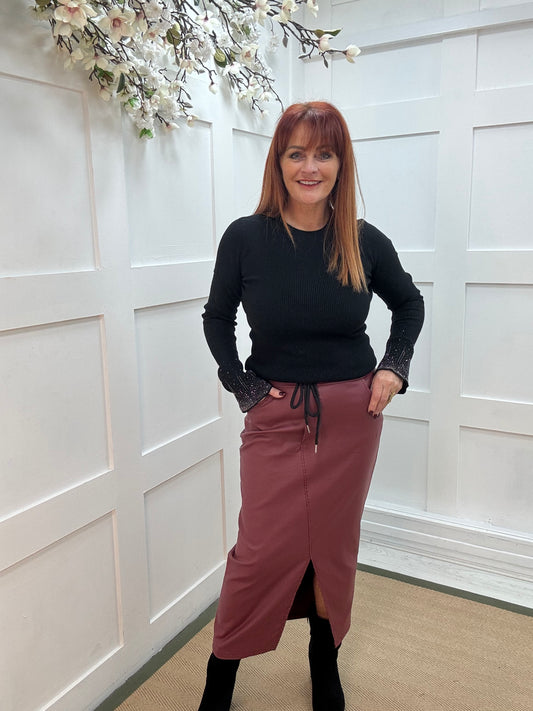 Skylar: Black ribbed diamanté cuff long sleeve top. Two sizes.