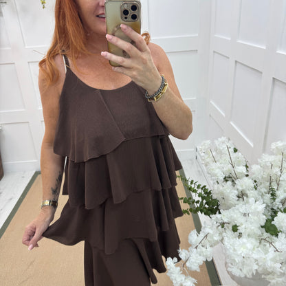 Rachel: Brown short tiered rara dress. One size 8-16
