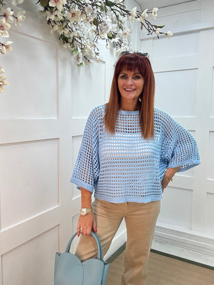 Holly: Blue 3/4 sleeve holey open knit top. One Sz: 14-18