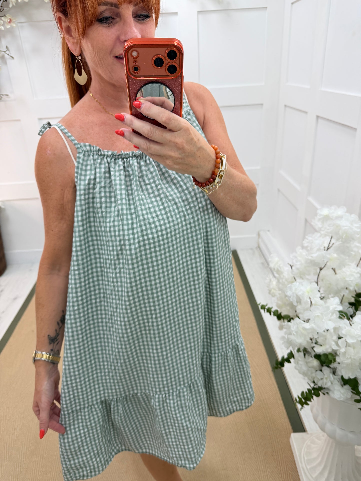 Gina: Gingham print strappy knee length dress. One size: 12-18. 4 colours