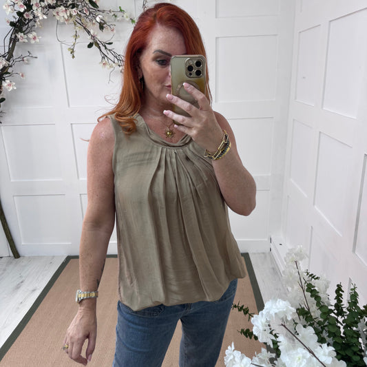 Jenna: Mocha silk sleeveless top. One size 10-18
