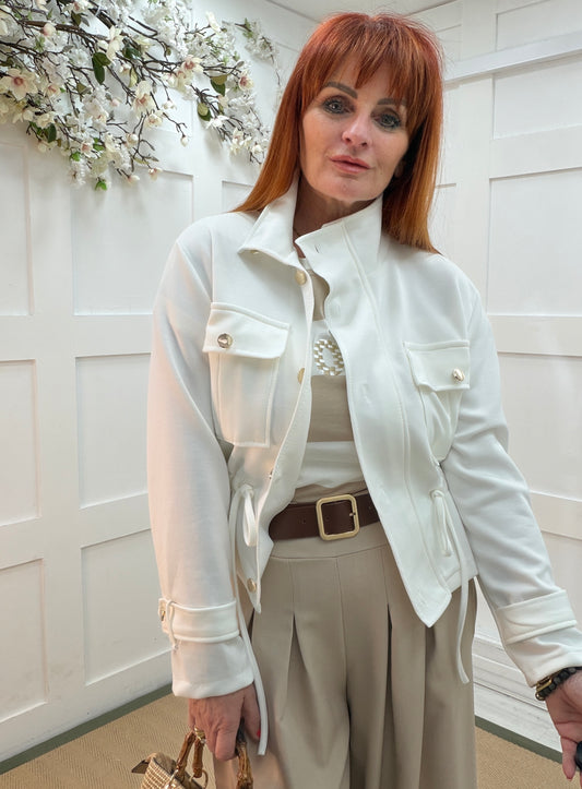 Jazz: White military style cinched waist jacket. One size 12-16