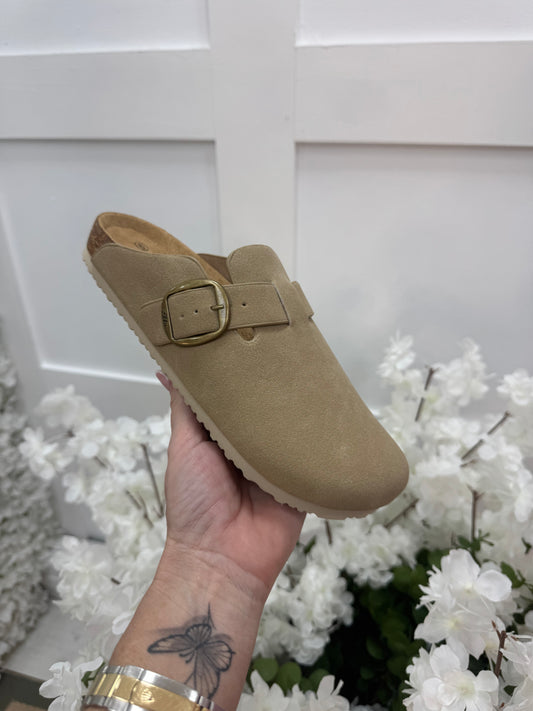 Amber: Stone faux suede buckle mule. Sizes: 3-8