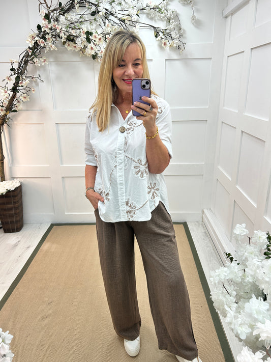 Wren: White & brown embroidered shirt top. One size: 12-18