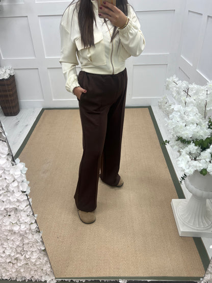 Trudy (Short): Brown stretchy wide leg pocket trousers. One size 10-16