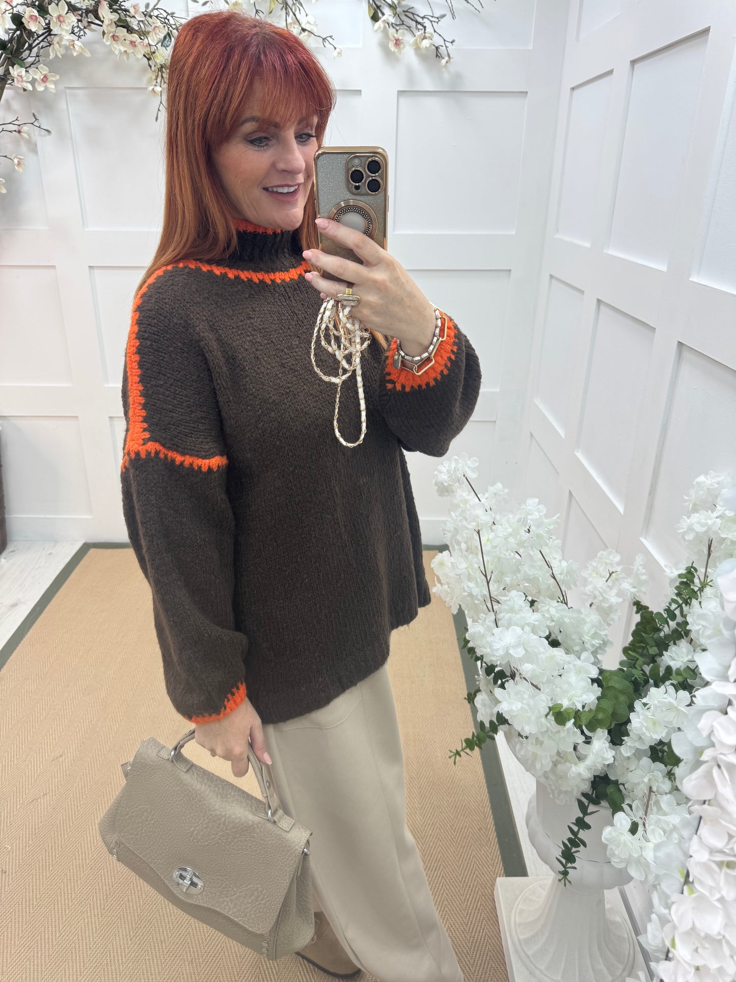 Sonia: Brown & orange slouchy jumper. One size 14-18