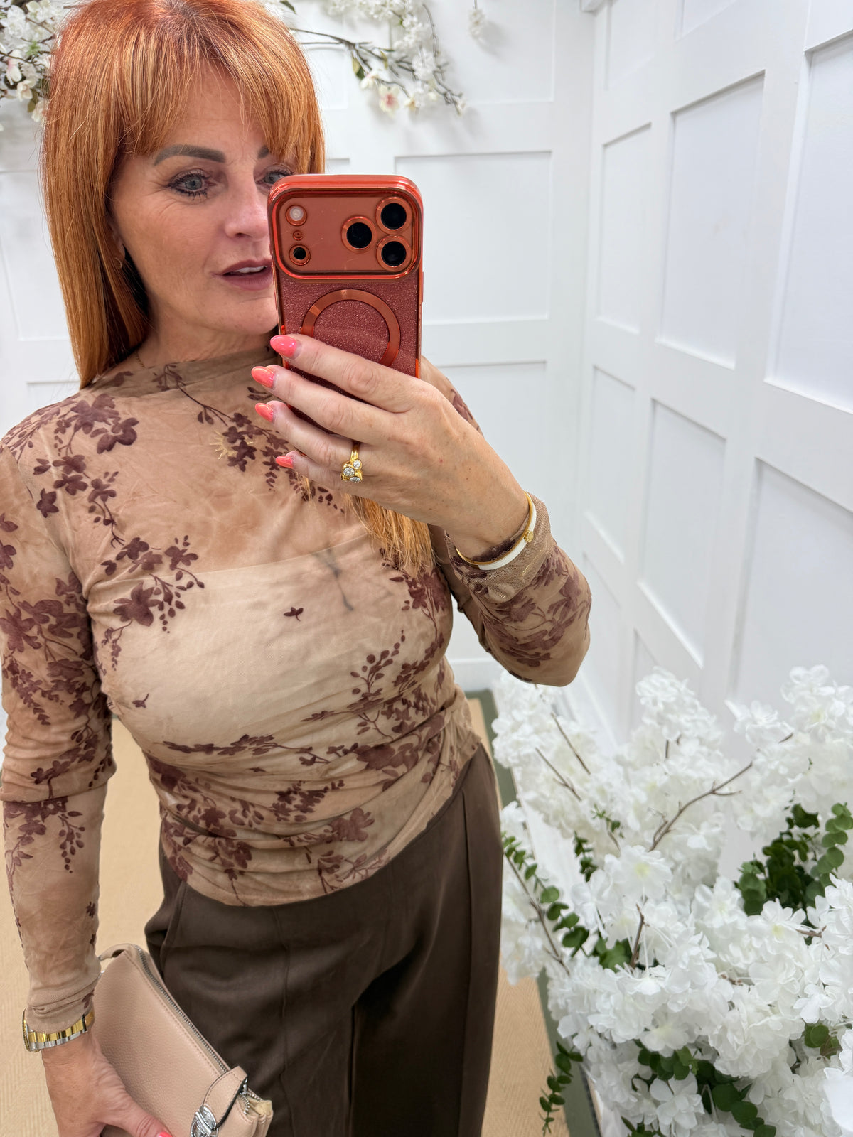 Millie: Camel & brown mesh top. One size: 10-16
