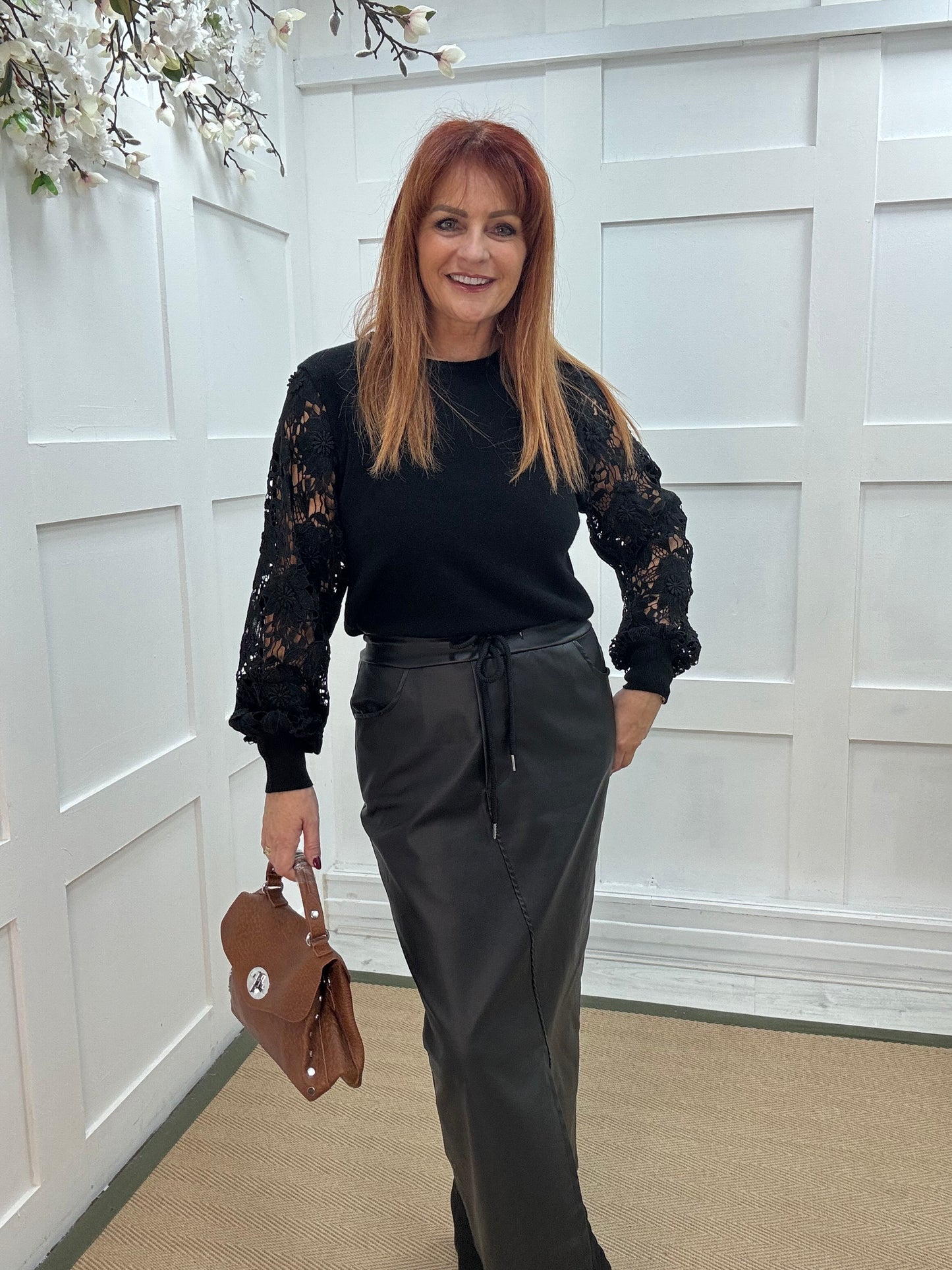 Gemma: Black crochet balloon sleeve top. One size 12-16