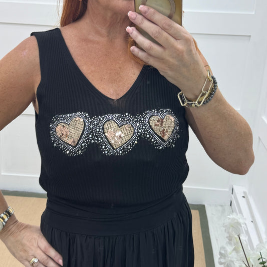 Viola: Black sequin heart stretchy vest top. One size: 12-18