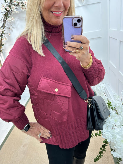 Harlo: Burgundy quilted sleeve neck top. One Sz: 14-18