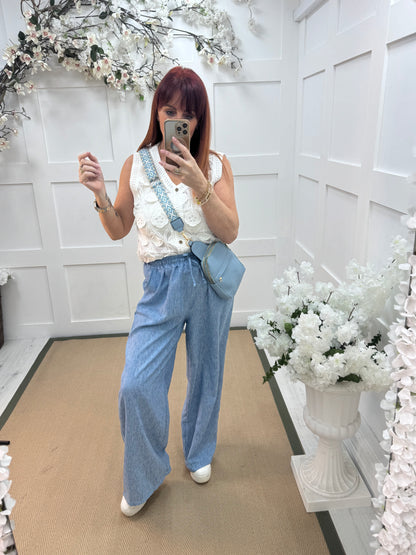 Leanne: Blue wide leg trousers. One size: 10-14