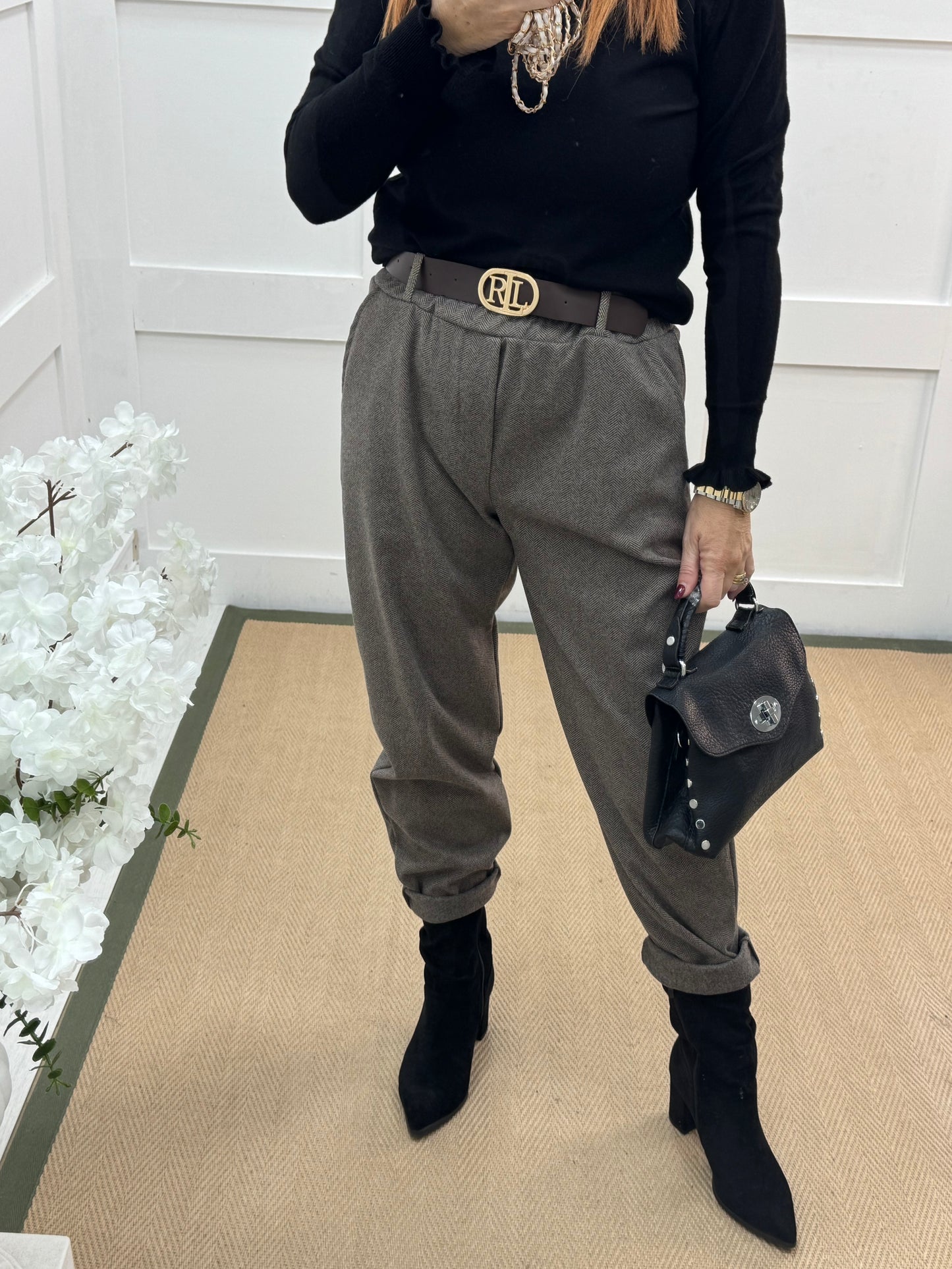 Rylee: Mocha herringbone belted trousers. One size: 10-14