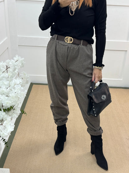 Rylee: Mocha herringbone belted trousers. One size: 10-14