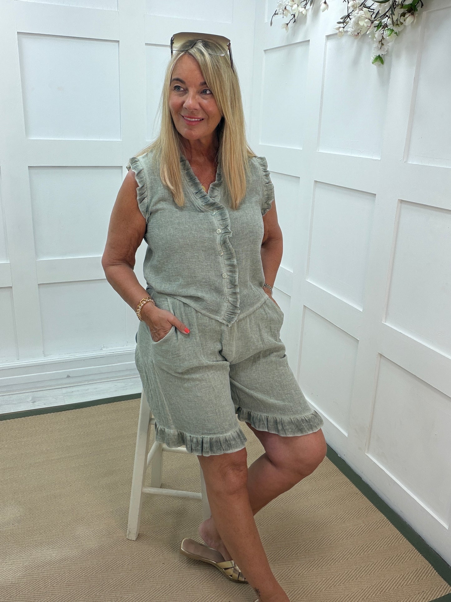 Faith: Hopsack frill button top & shorts set. One Sz: 10-16. 3 colours