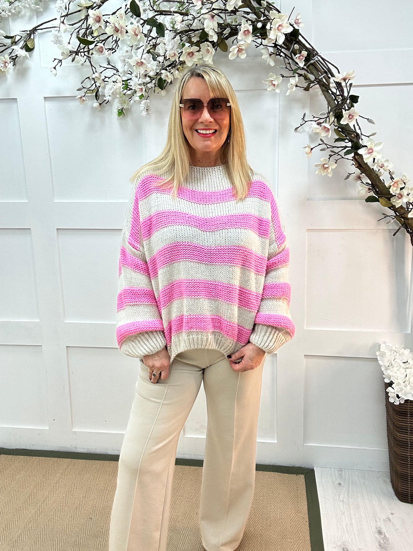 Beth: Baby pink & cream stripe knitted top. One Sz: 12-18