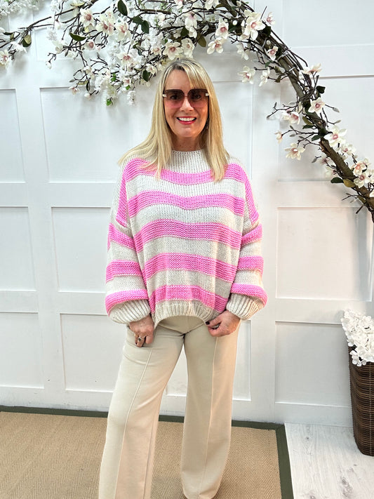 Beth: Baby pink & cream stripe knitted top. One Sz: 12-18