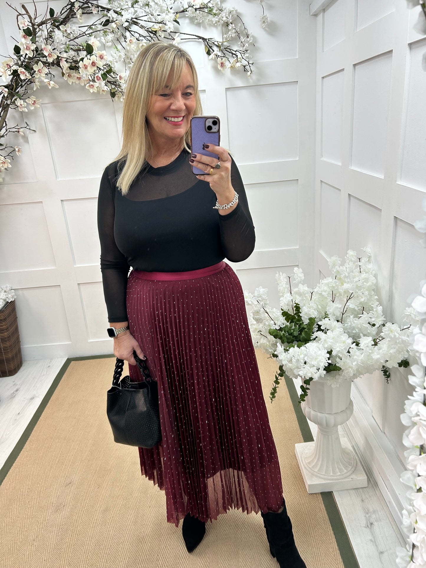 Natalie: Burgundy diamanté maxi skirt. One size 12-16