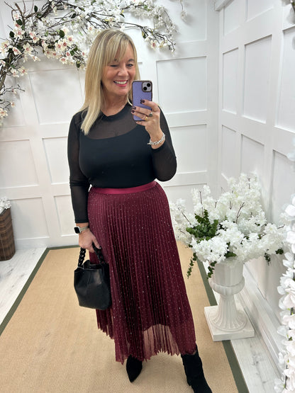 Natalie: Burgundy diamanté maxi skirt. One size 12-16