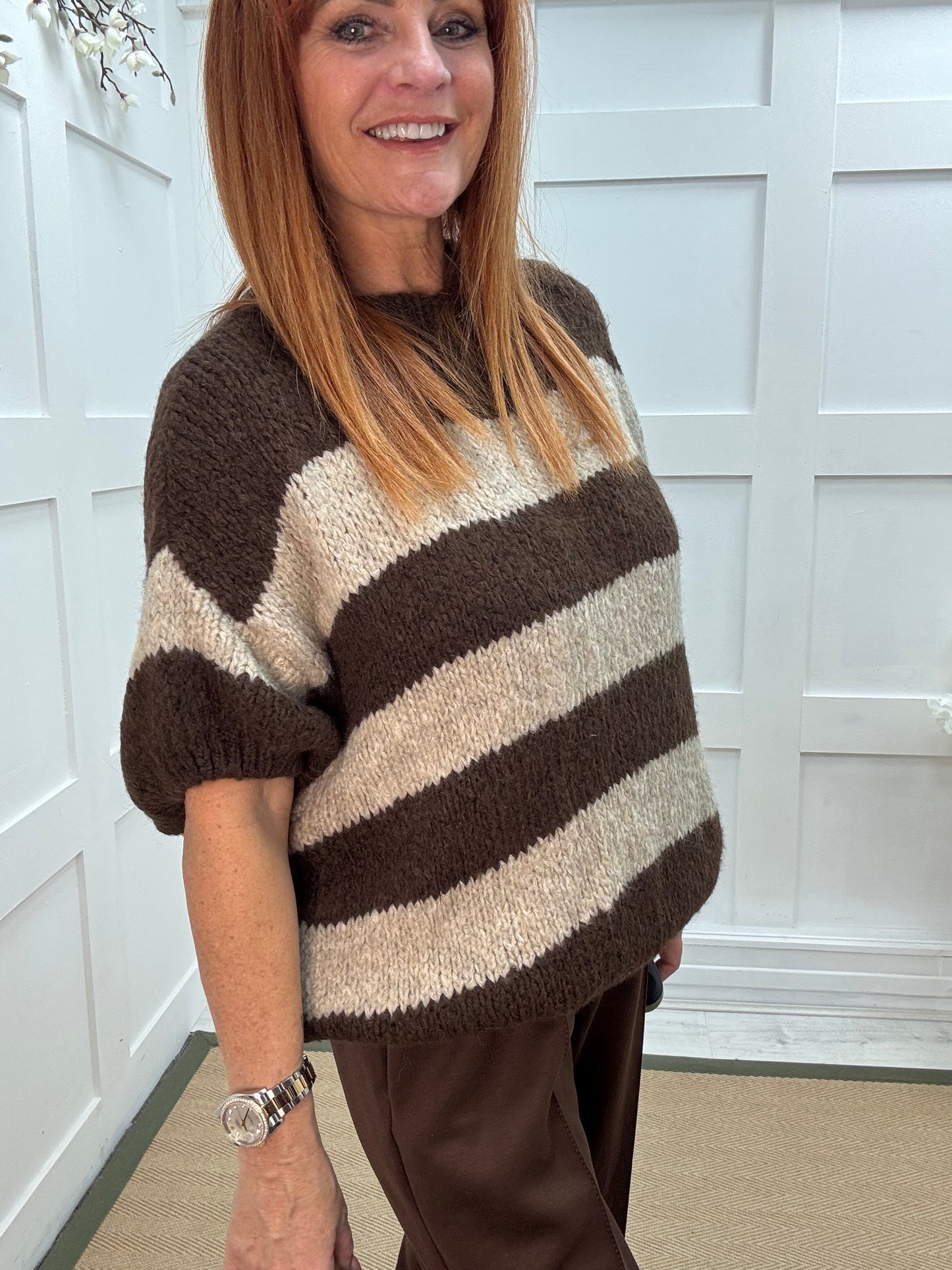 Mabel: Brown & cream slouchy jumper. One size 12-18/20