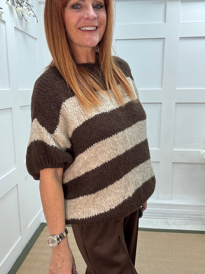 Mabel: Brown & cream slouchy jumper. One size 12-18/20