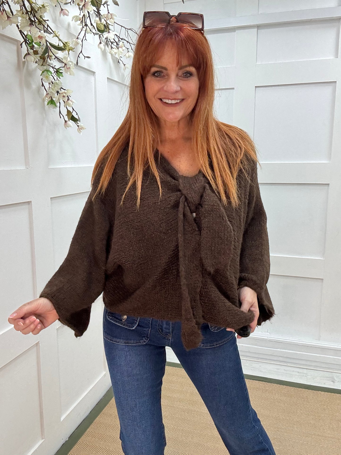 Bloom: Brown bow knitted jumper. One size: 12-18