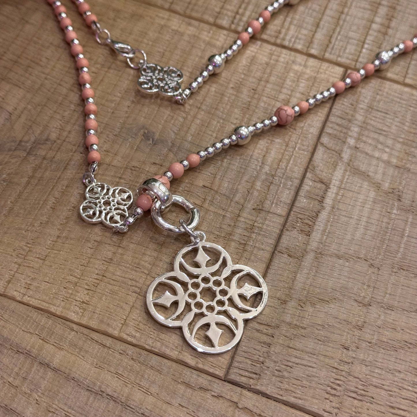 Sara: Long silver & peach pendant necklace