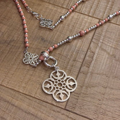 Sara: Long silver & peach pendant necklace