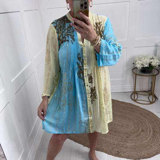 Nicky: Blue & lemon beaded shirt/tunic. One size: 12-18