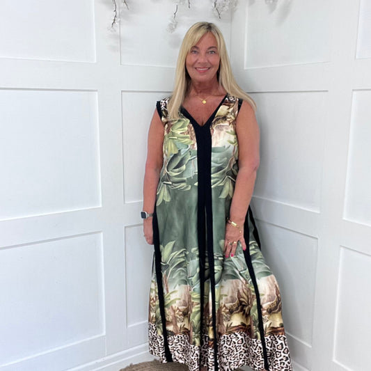 Nala: Khaki green tropical print maxi dress. One size 12-16