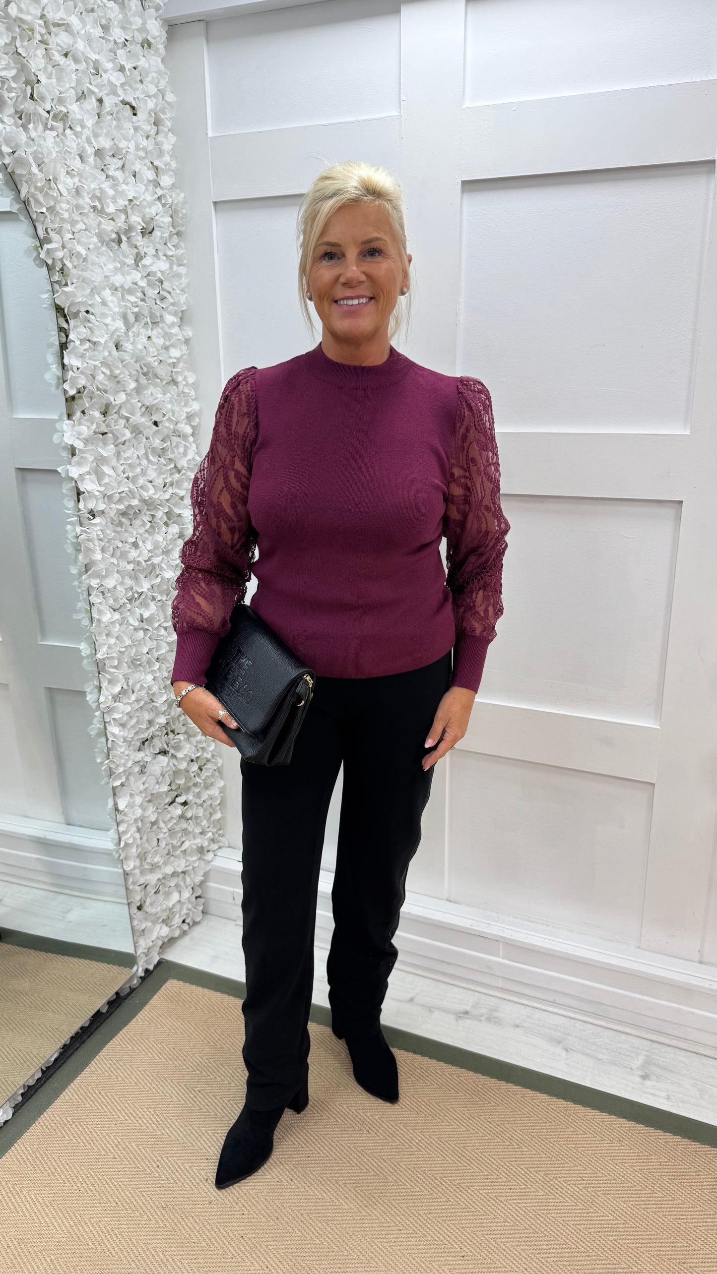 Alora: Burgundy crochet balloon sleeve top. 3 sizes.