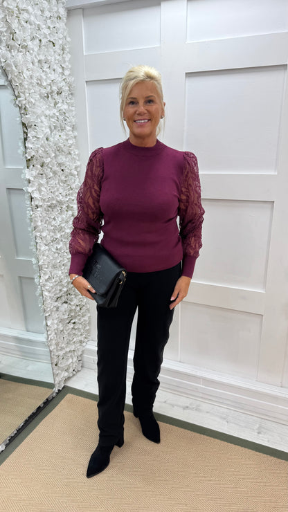 Alora: Burgundy crochet balloon sleeve top. 3 sizes.