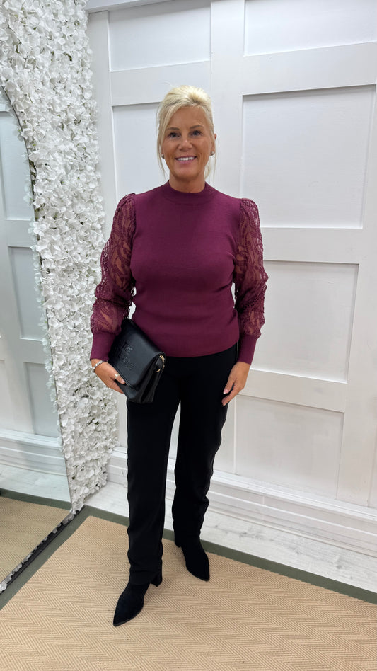 Alora: Burgundy crochet balloon sleeve top. 3 sizes.