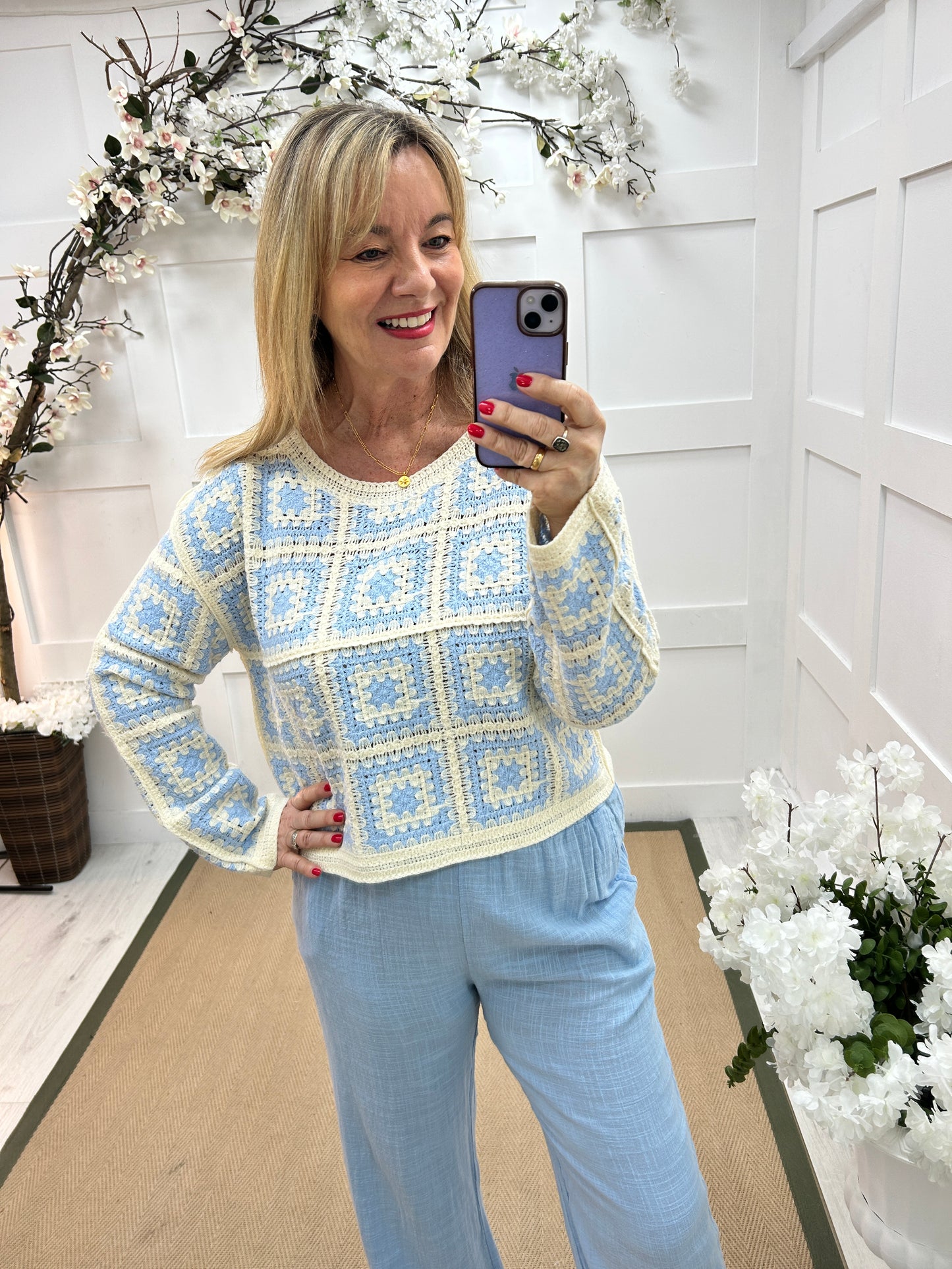 Carly: Blue and cream long sleeve crochet top. One size: 14-18