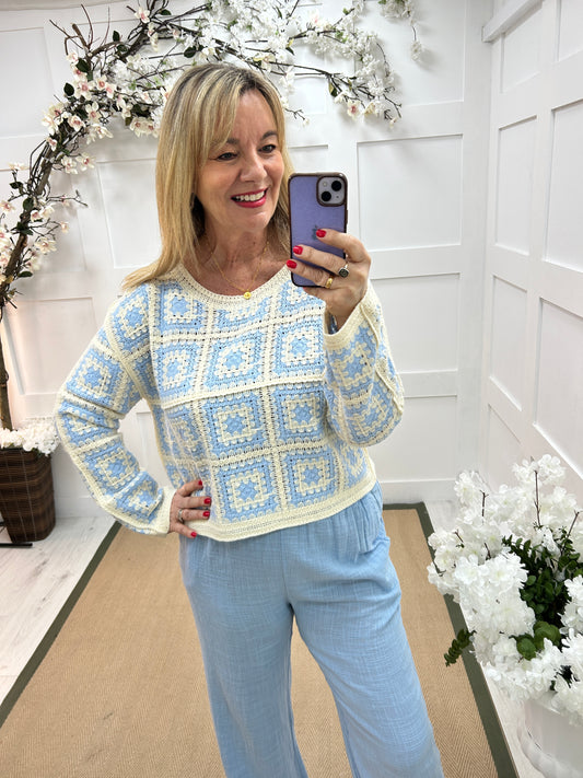 Carly: Blue and cream long sleeve crochet top. One size: 14-18