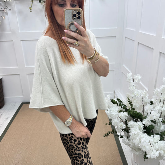Carys: Cream short knitted top. One size: 12-18