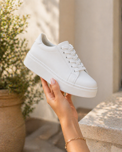 Eliza: White platform lace-up trainers. Sizes: 3-8