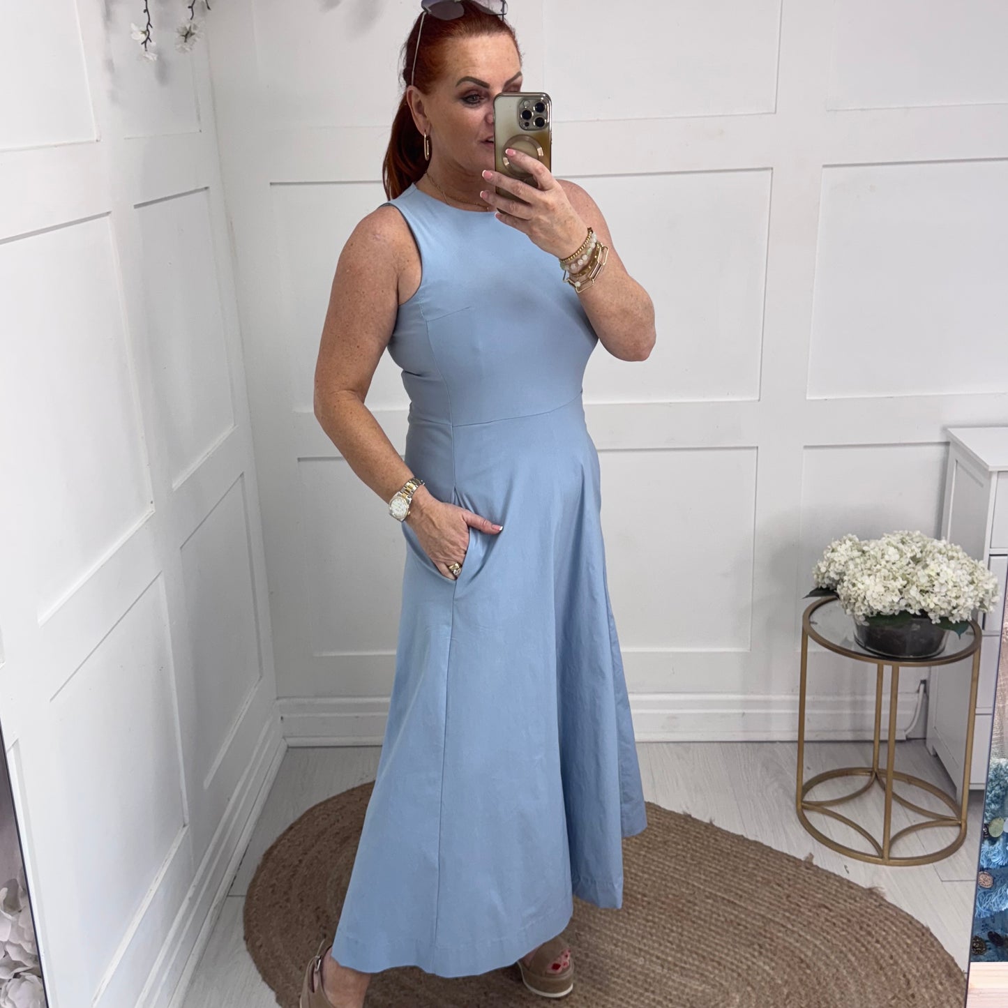 Tori: Baby blue wide leg pocket jumpsuit. One size: 10-14