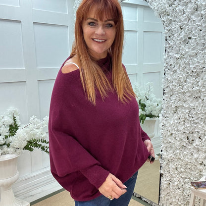 Erica: Burgundy asymmetrical slouch soft knit top. One size 10-18