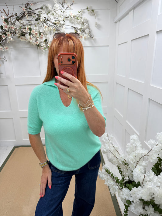 Verity: V neck collared short sleeve soft knit top. One size: 10-16. Various colours