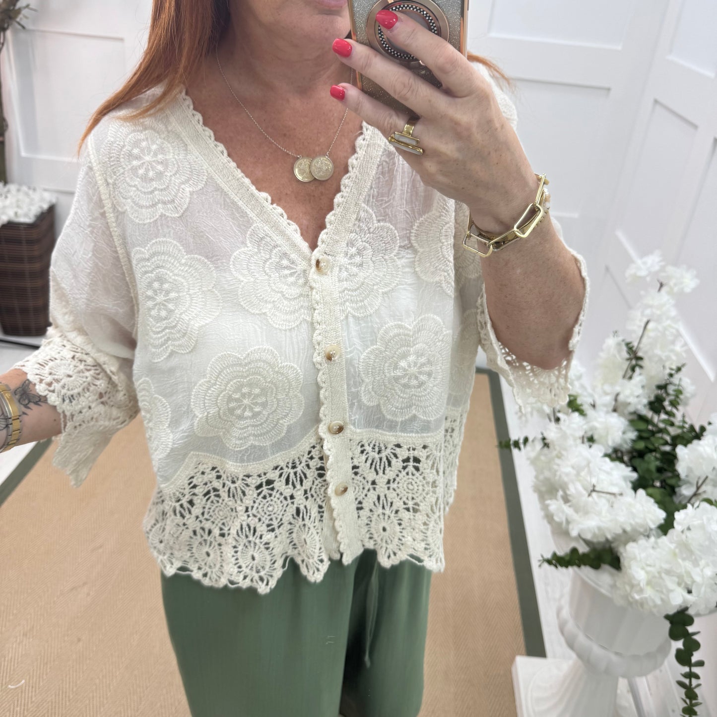 Effie: Cream embroidered cardigan top. One size: 12-18