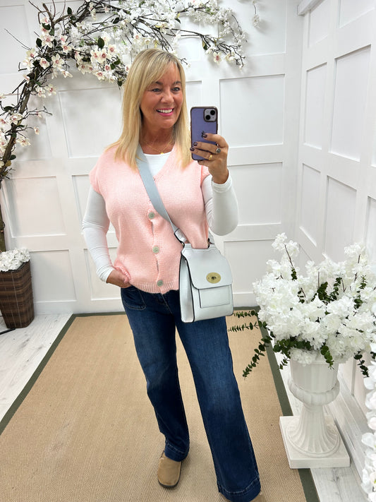 Nula: Pink plain mohair button waistcoat. One size: 14-20
