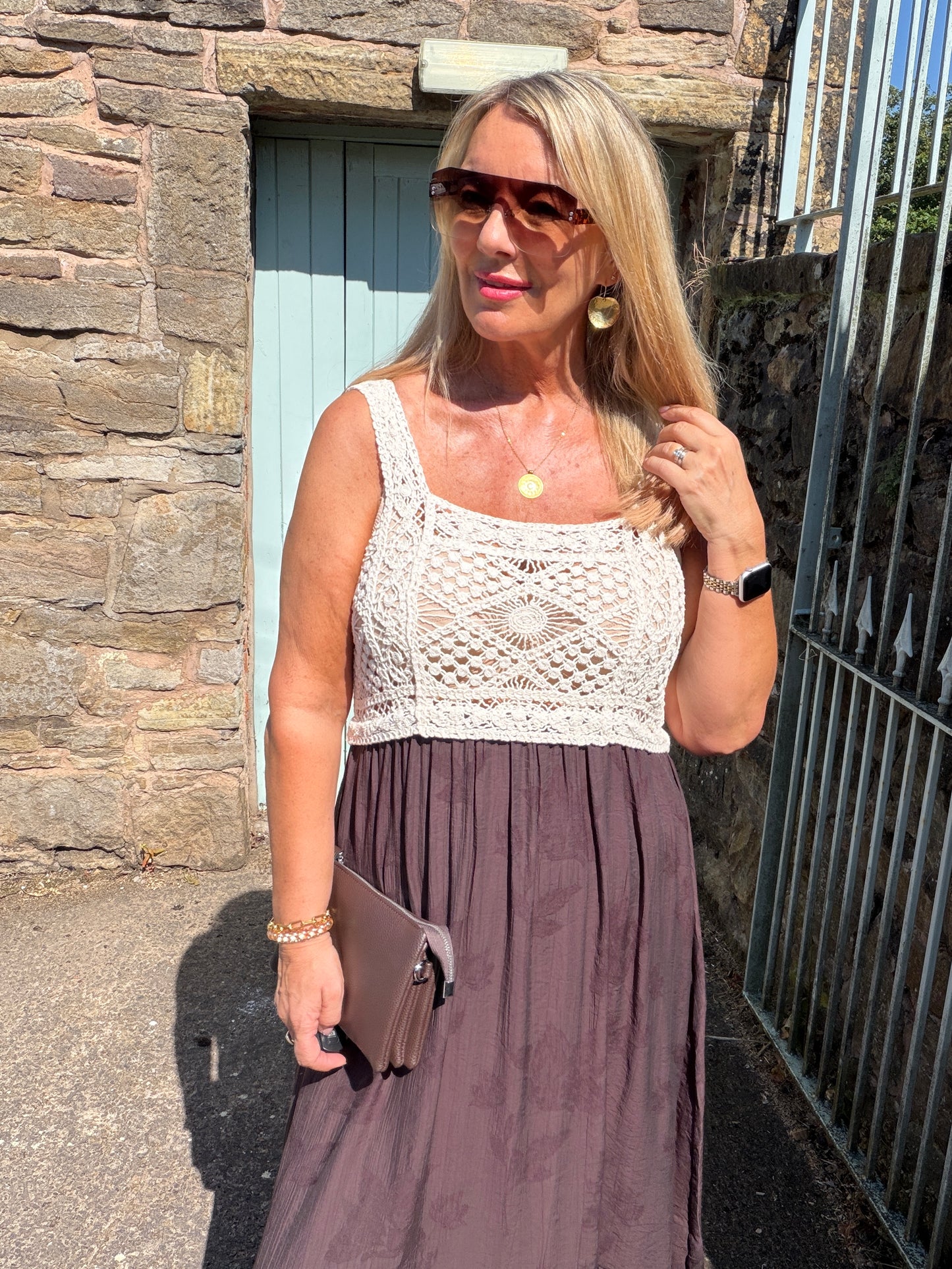 Carly: Cream crochet top maxi dress. One size: 10-16. 3 colours
