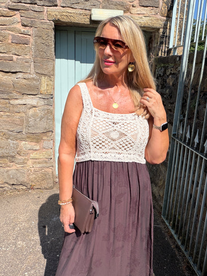 Carly: Cream crochet top maxi dress. One size: 10-16. 3 colours