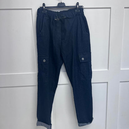Cherry: Denim cargo stretchy high waisted trousers. 2 sizes