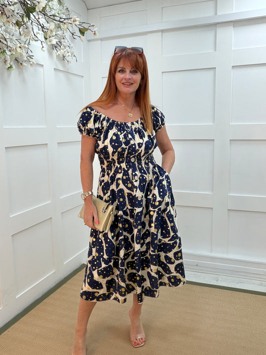 Bobbie: Gold buttoned front bardot printed stretchy midi dress. One size: 10-18. 2 colours